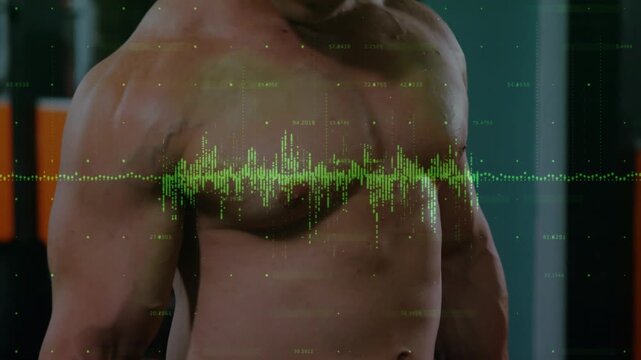 Shirtless man gripping dumbbell, curling in gym for biceps while waveform shifting across chest
