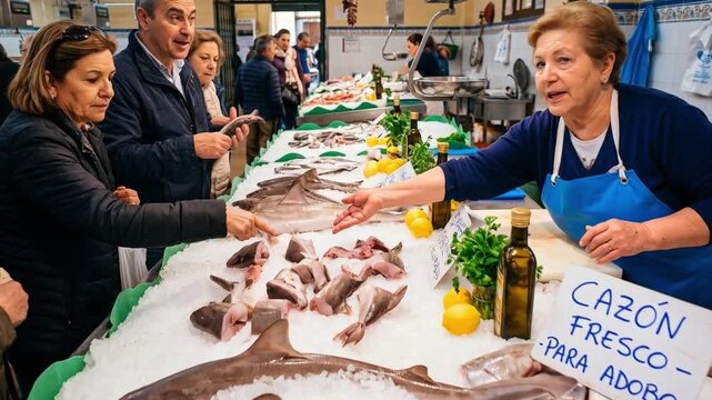 Venta de caz&oacute;n fresco para adobo en mercado tradicional con pescadera atendiendo a clientes.