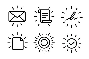 Glowing Mail Icons. Line style icons of Illuminated Messages: glowing mail icon, radiant parchment, shining signature, bright fold