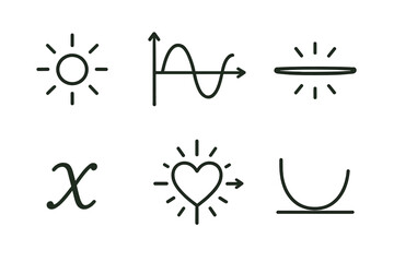 Radiant Heart Axis. Line style icons of Measured Feeling: luminous data point, curved formula, glowing line, radiant heart axis,