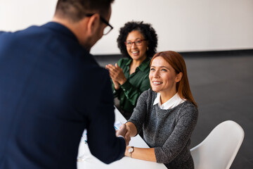 Professional Team Interview Handshake with Smiling Applicant in Office Setting