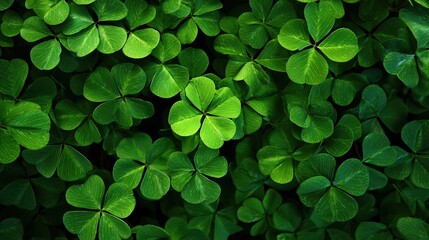 Lush green four leaf clovers, a symbol of luck and nature.