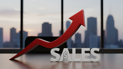 Corporate growth strategy with rising red arrow and stylized sales typography in modern office setting with cityscape background for financial success