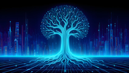 Abstract fractal tree design glowing blue with energy and bright light against a dark night sky backdrop