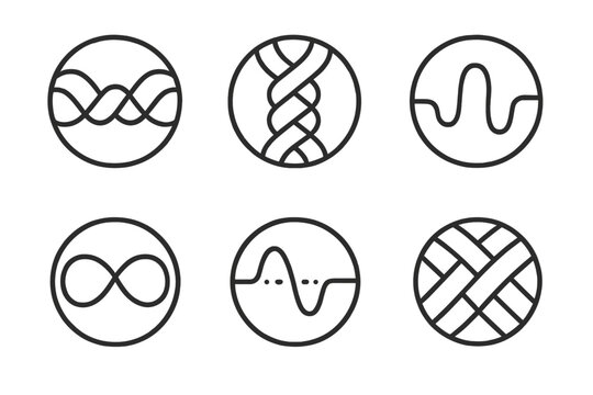 Harmonic Wave Weave. Line style round vector icons of Woven Pulse: interlaced wave, braided rhythm, looping thread, connected beat