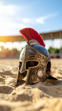 Close-up studio shot of an antique battle helmet with ornate golden details resting on a beach with blue skies and blurred out background.