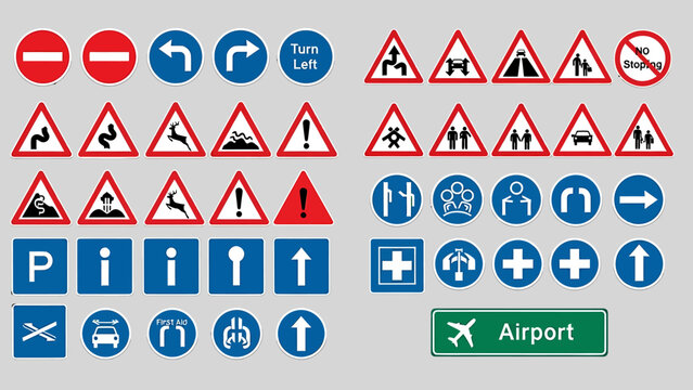 Vector set of road and traffic signs, offering essential guidance for safe navigation and public information, including warning, mandatory, prohibitory, and informational symbols