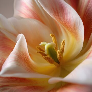 Macro view of a pink and white tulip center with yellow stamens flower close up