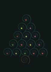 Dessin d'un sapin de No&euml;l form&eacute; de spirales en relief et d&eacute;cor&eacute; d'&eacute;toiles multicolores