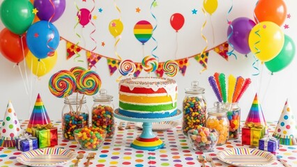 Colorful rainbow-themed birthday party setup with decorations and treats
