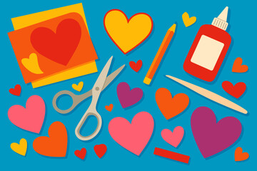 DIY Colorful Paper Crafting. Creative DIY project vector illustration with colorful paper hearts and crafting tools, vibrant tones