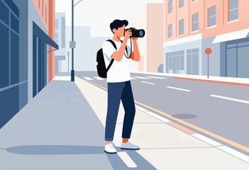 A person with a backpack takes photos with a camera on a city street. Buildings line the street