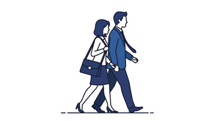 Obraz premium A man and a woman in business attire walking side-by-side in profile against a white background.