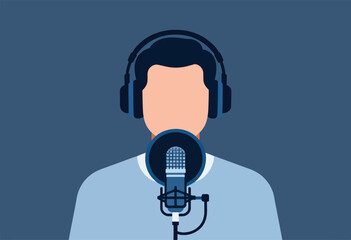 Graphic illustration of a person with headphones, facing forward, speaking into a microphone, blue theme