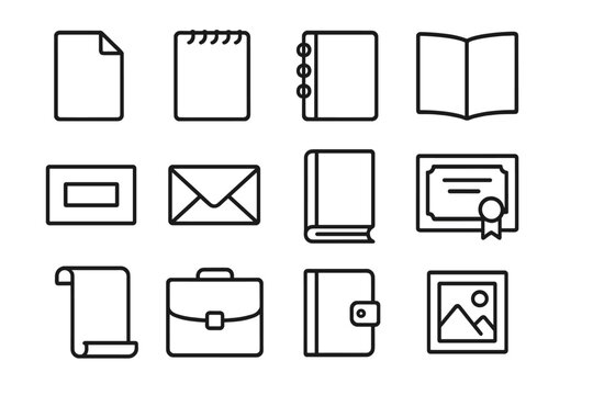 Line Style Paper Icons. Line style icons of finished paper works: folio sheet, sketch pad, notebook, journal; card, envelope,