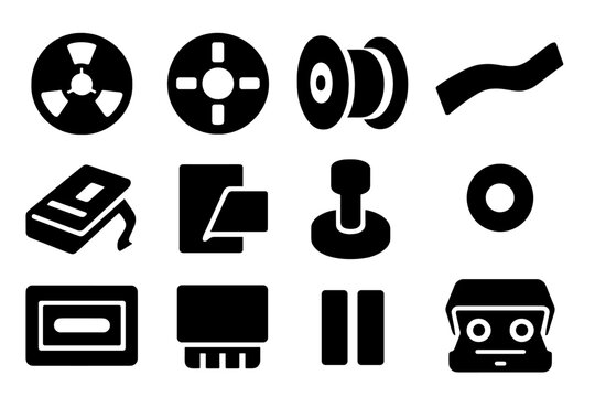 Tape Technology Icons. Solid style icons of Tape Technology: Open Reel, Tape Hub, Tape Spool, Leader Strip, Tape Edit Block,