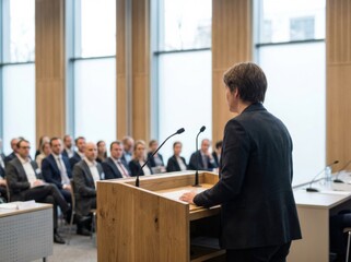 Professional woman delivering a presentation at a conference, standing at a podium with microphones, addressing an audience in a modern meeting room with large windows