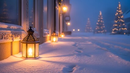 Warm glowing lanterns illuminate a snowy winter evening path leading toward festive holiday lights