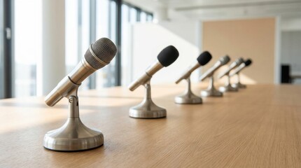 Row of professional microphones on a wooden conference table in a modern office setting, showcasing a prepared space for discussions and presentations