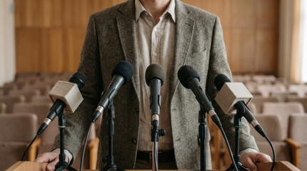 Male speaker in a gray blazer stands confidently at a podium surrounded by microphones, ready to address an audience in a formal setting, conveying authority and professionalism