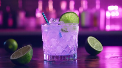 refreshing glass cocktail with lime, ice cube and fruit, neon drink concept