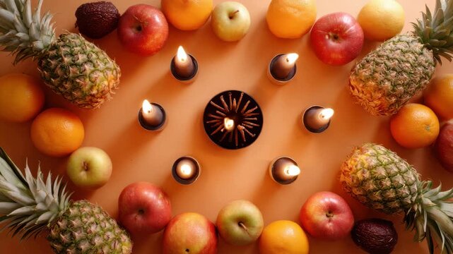Fresh fruits arranged in a colorful pattern on a wooden table