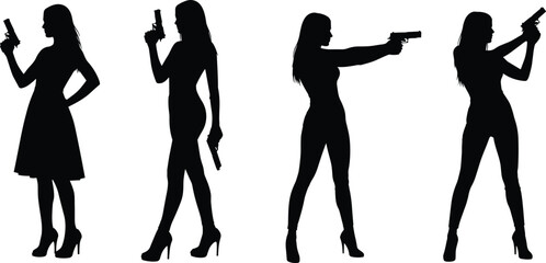Silhouette collection of armed women in action poses holding pistols, representing spy, agent, security and defense concepts for creative design use