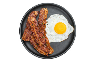 Golden yolk and sizzling bacon on dark plate, minimal white surface enhances texture and shine for top-selling breakfast imagery.