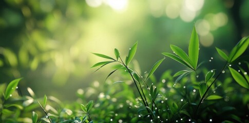 Capture Serene Greenery with Dew Drops and Nature's Sunlight Glow at Forest