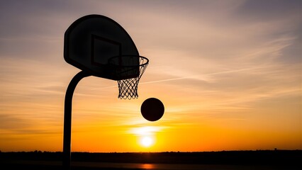 Basketball hoop and ball silhouetted against a vibrant orange and yellow sunset sky.