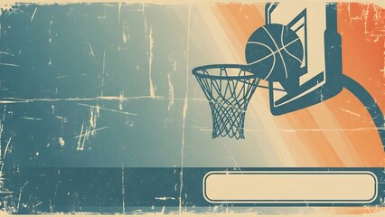 Vintage basketball hoop and ball illustration with grunge texture and color gradient background.