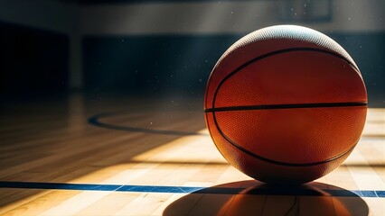 A close-up shot of an orange basketball resting on a polished wooden court, with sunlight streaming through a window creating dramatic shadows.