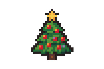Christmas pixel art tree vector with star and holiday decorations, representing winter, celebration, and nostalgia on transparent background