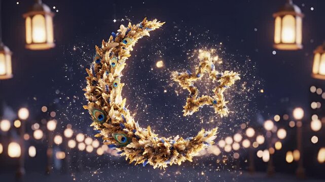 Cinematic footage of a golden crescent moon and star decorated with evil eye beads sparkling against a dark night background with glowing lanterns.