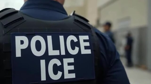 The image shows the back of a police officer wearing a vest with "POLICE ICE" printed on it. Other people are blurred in the background.