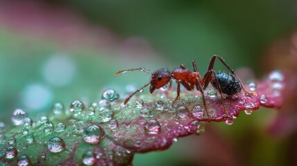 Naklejka premium Close-Up of a Red Ant Navigating a Leaf Covered with Glimmering Water Droplets in a Natural Setting During Early Morning Light