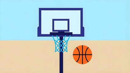 A graphic illustration of a basketball hoop with a net and an orange basketball on a court with a two-tone background.
