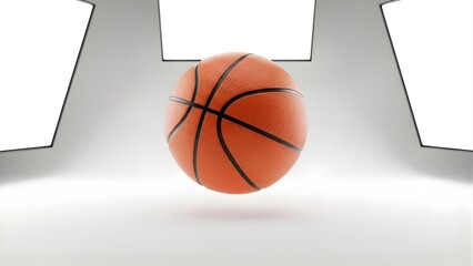 A basketball floating in a bright, minimalist studio environment with white walls and overhead lights.
