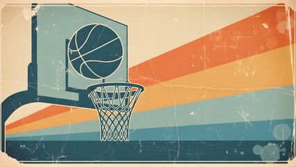 Retro vintage basketball hoop and ball illustration with distressed texture and colorful striped background.