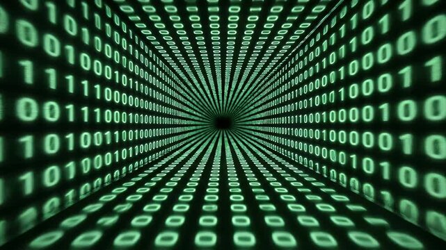 Digital tunnel of binary code data streaming through cyberspace with green light.