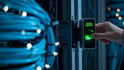Secure Access Granted: A person's hand successfully authenticates via a glowing biometric fingerprint scanner, granting access to a secure data center environment filled with intricate network cables