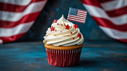  cupcake with american flag and cream frosting on festive background
