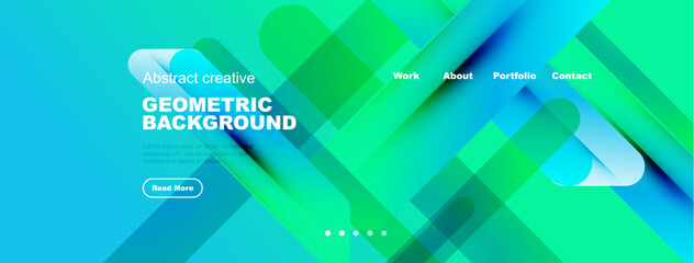 Bright abstract geometric background. Modern design features flowing shapes, text elements, navigation options. Vibrant colors create dynamic visual impact.