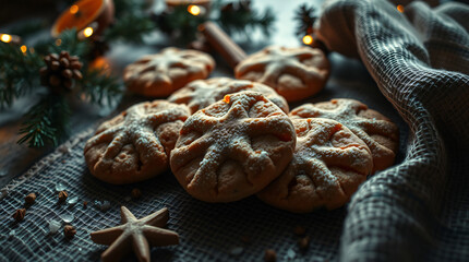 Cozy rustic Christmas composition featuring homemade snowflake-shaped cookies dusted with sugar, arranged on burlap fabric with pine branches, cinnamon sticks.