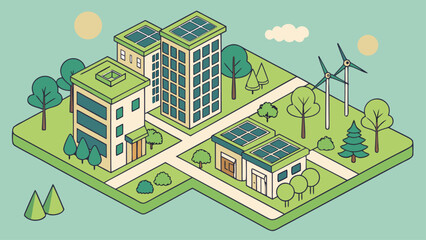Fototapeta premium Eco Friendly Green City Vector Illustration – Sustainable Urban Development, Eco Architecture & Clean Energy Concept Art