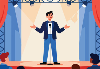 A presenter in a suit stands center stage, mic in hand, under spotlights. Audience members are visible below