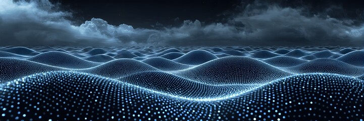 Abstract digital wave surface, glowing blue particles, moody cloudy sky horizon
