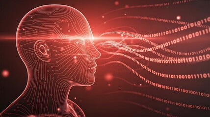 Futuristic digital human head with flowing binary code, concept of artificial intelligence, data processing, cybersecurity and advanced technology