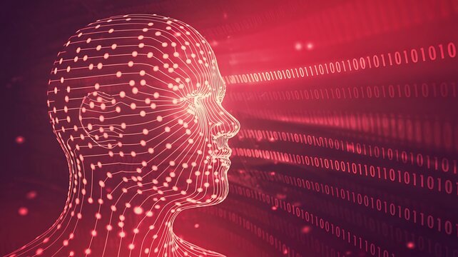 Futuristic digital human head with glowing neural points and binary code stream, concept of artificial intelligence, data flow and advanced technology - Powered by Adobe