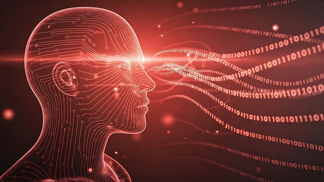 Futuristic digital human head with flowing binary code, concept of artificial intelligence, data processing, cybersecurity and advanced technology - Powered by Adobe